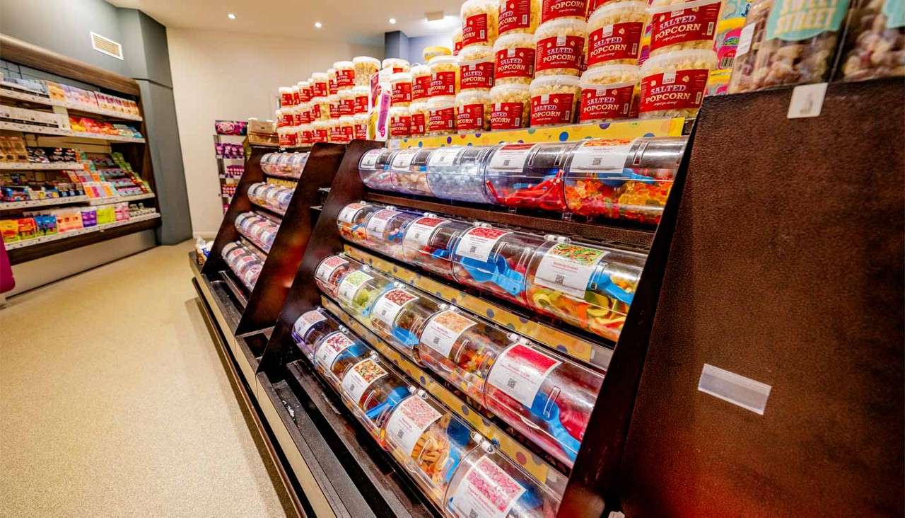 Pick and Mix section with sweets and popcorn.