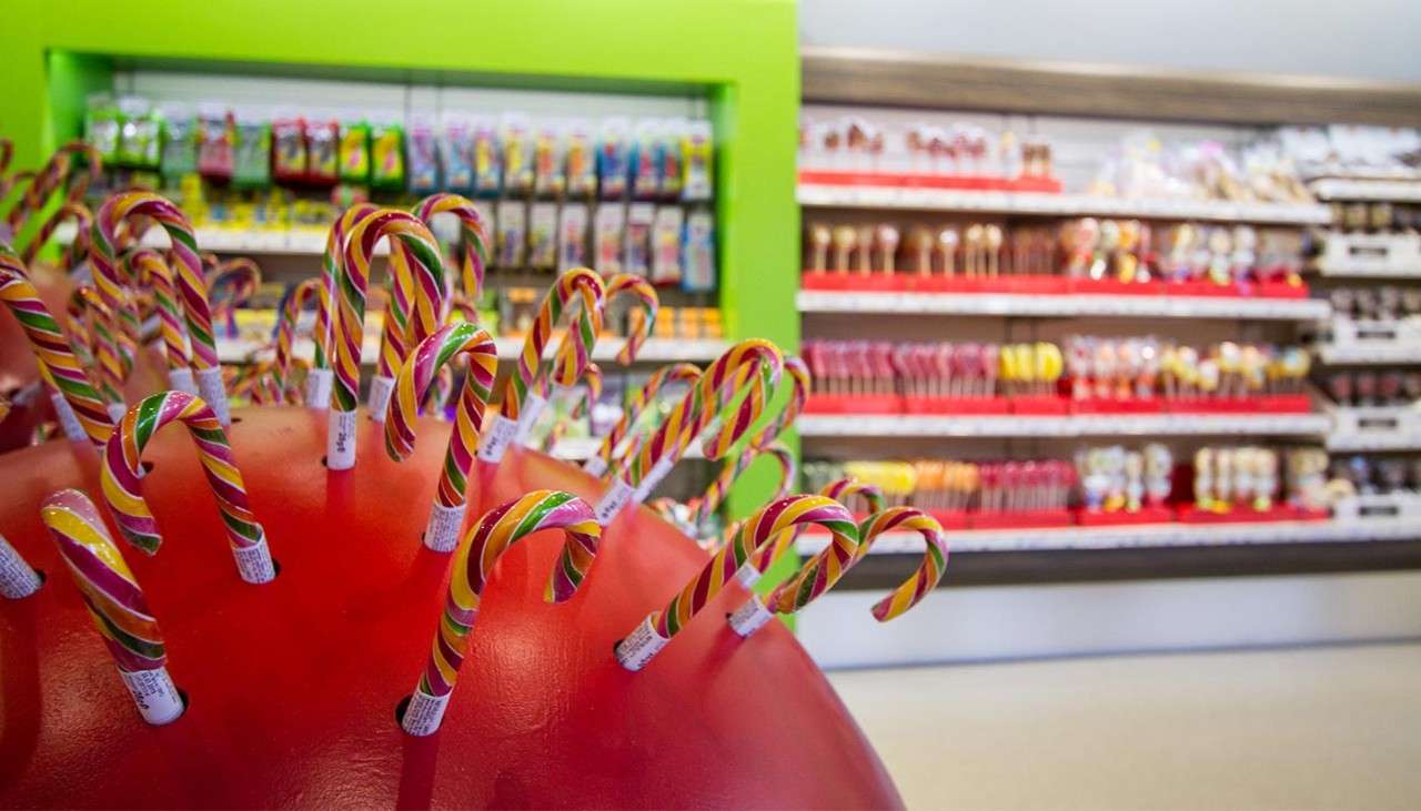 Interior of the colourful Treats store.
