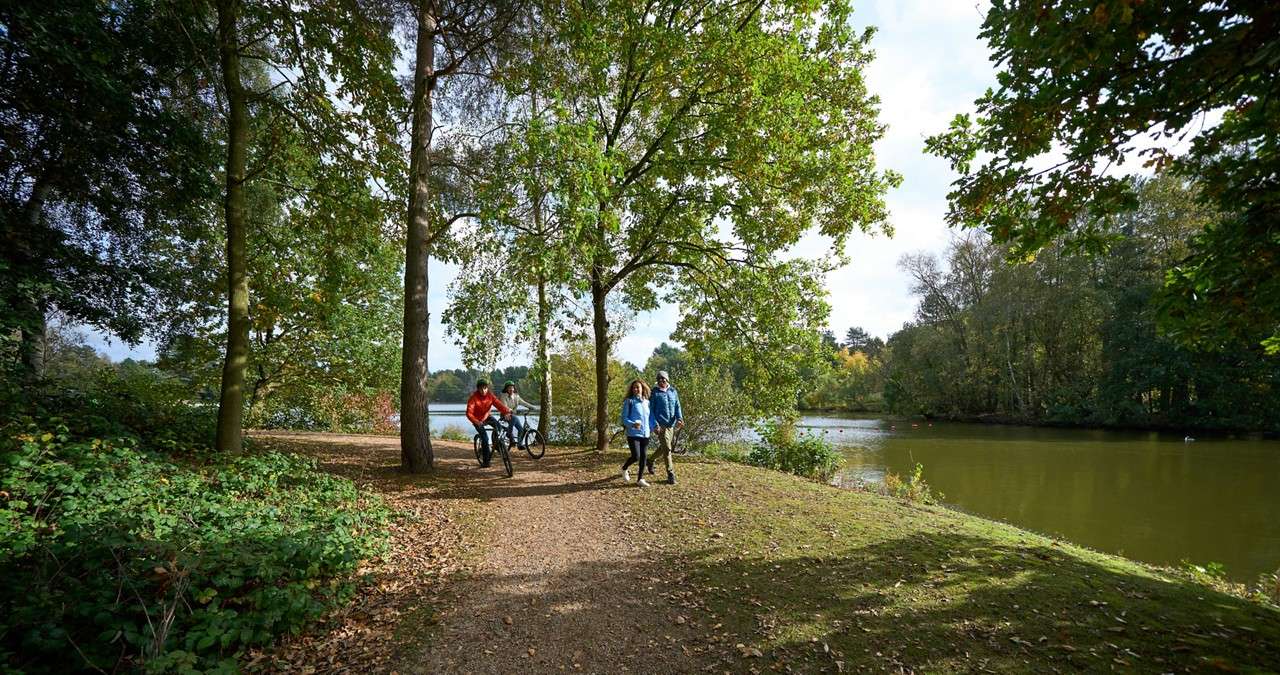 Two helmeted cyclists ride forward along a shaded forest path; the nearer rider in a beige hoodie leads, smiling and gripping handlebars, while another follows slightly out of focus among trees.