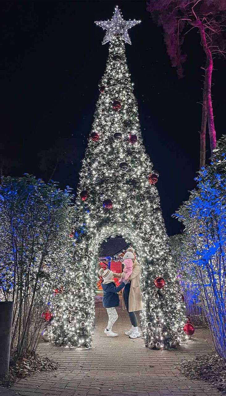 Family stood under a lit up christmas tree.