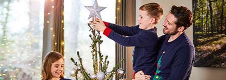 A father lifting his son to put the star on the top of the Christmas tree in their lodge.