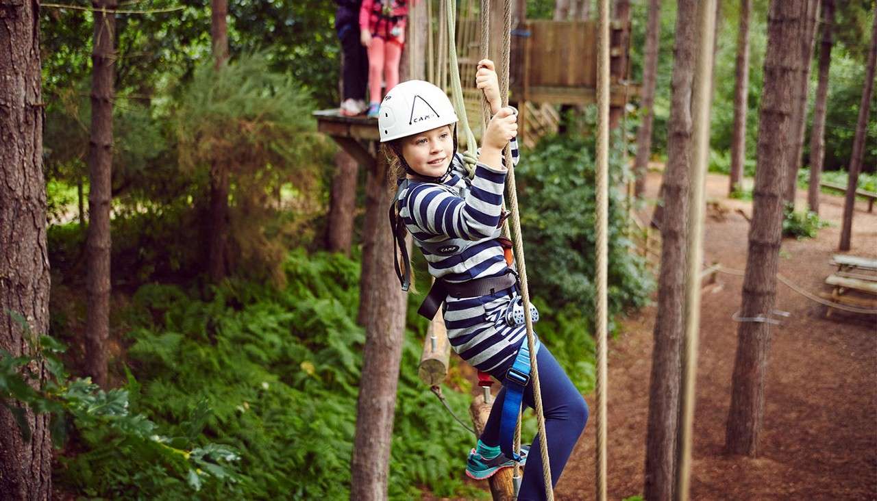 Girl on aerial adventure obstacle