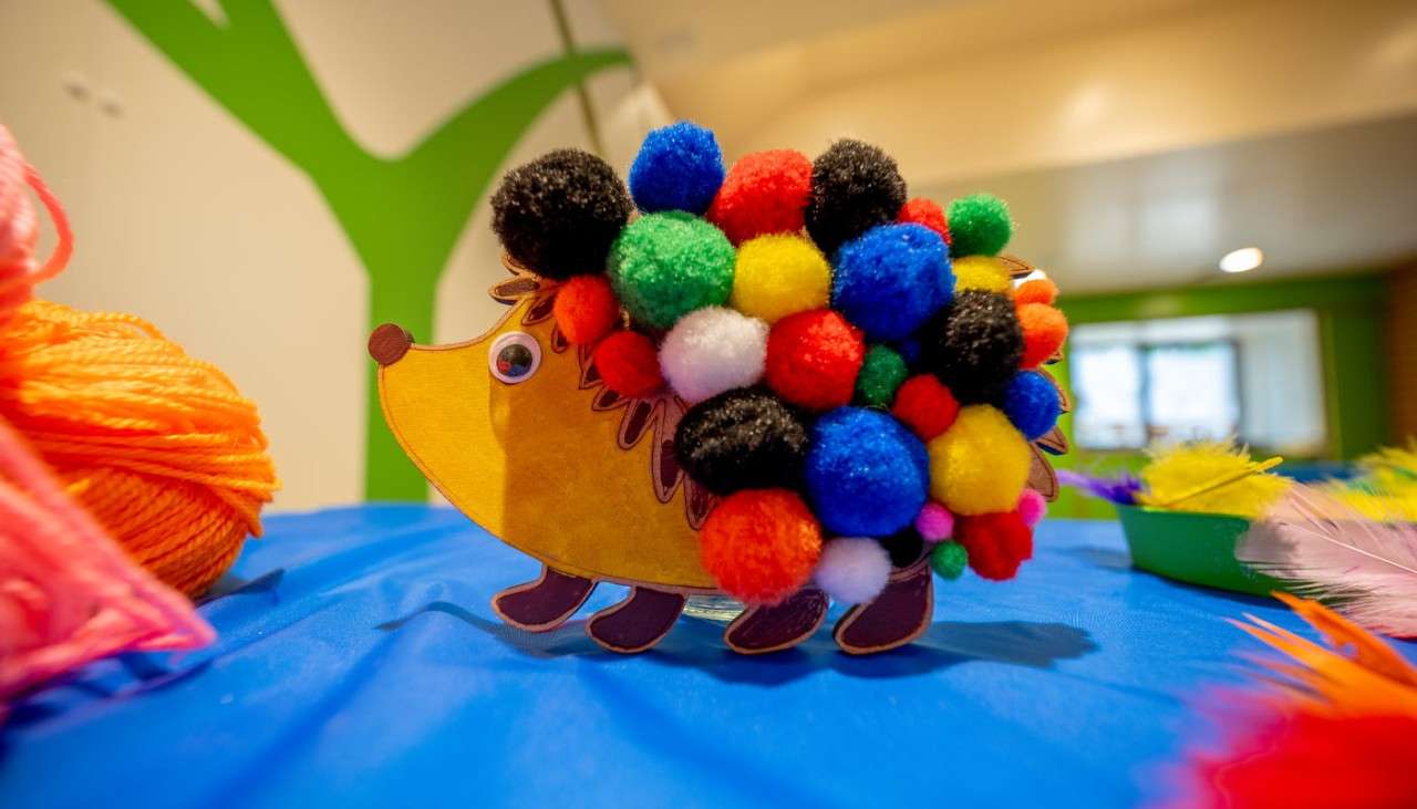 Wooden hedgehog decorated with colourful pompoms.