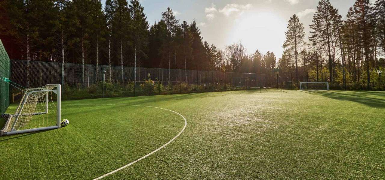 Soccer goal rests by corner, ball lying beside it, on an empty artificial-turf field. Sunlight streams over surrounding tall trees and chain-link fence, with another goal distant.