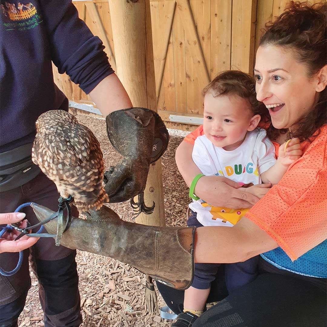 Young boy and his mum holding a baby owl.