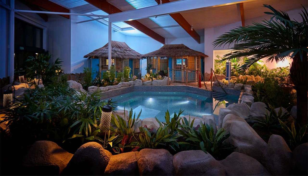 Whirlpool and wooden huts in the Exclusive Cabana Cove area.