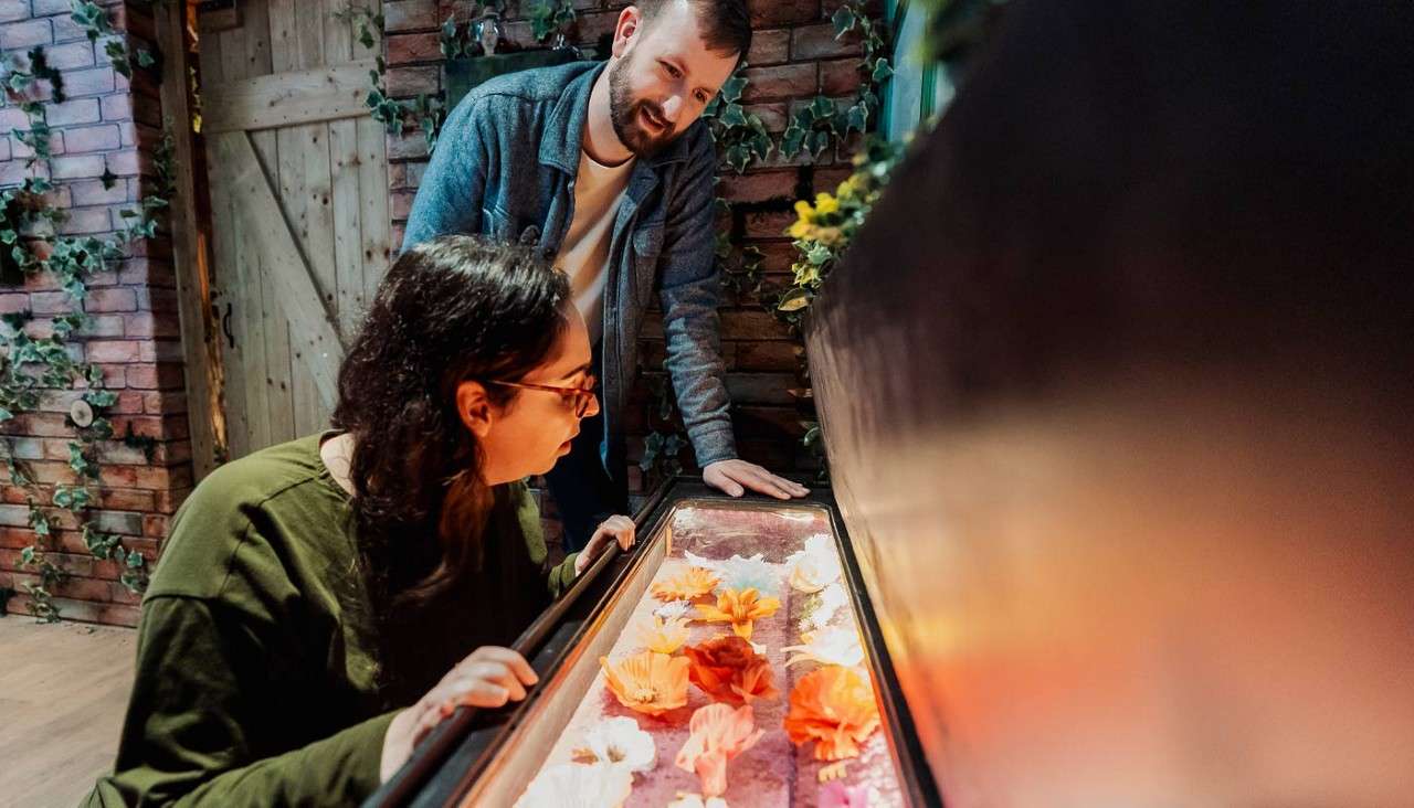 Two people working together to solve a puzzle in the Forest Laboratory