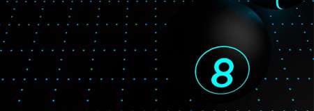 Glowing-numbered black sphere displays “8,” hovering near the frame edge, against a dark field of cyan dotted grid lines with another partial sphere in the corner.