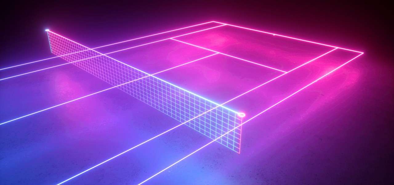 Neon tennis court glows; a grid net stretches across luminous pink lines. Surrounding darkness and purple haze reflect on the floor, suggesting an empty indoor space with futuristic lighting.