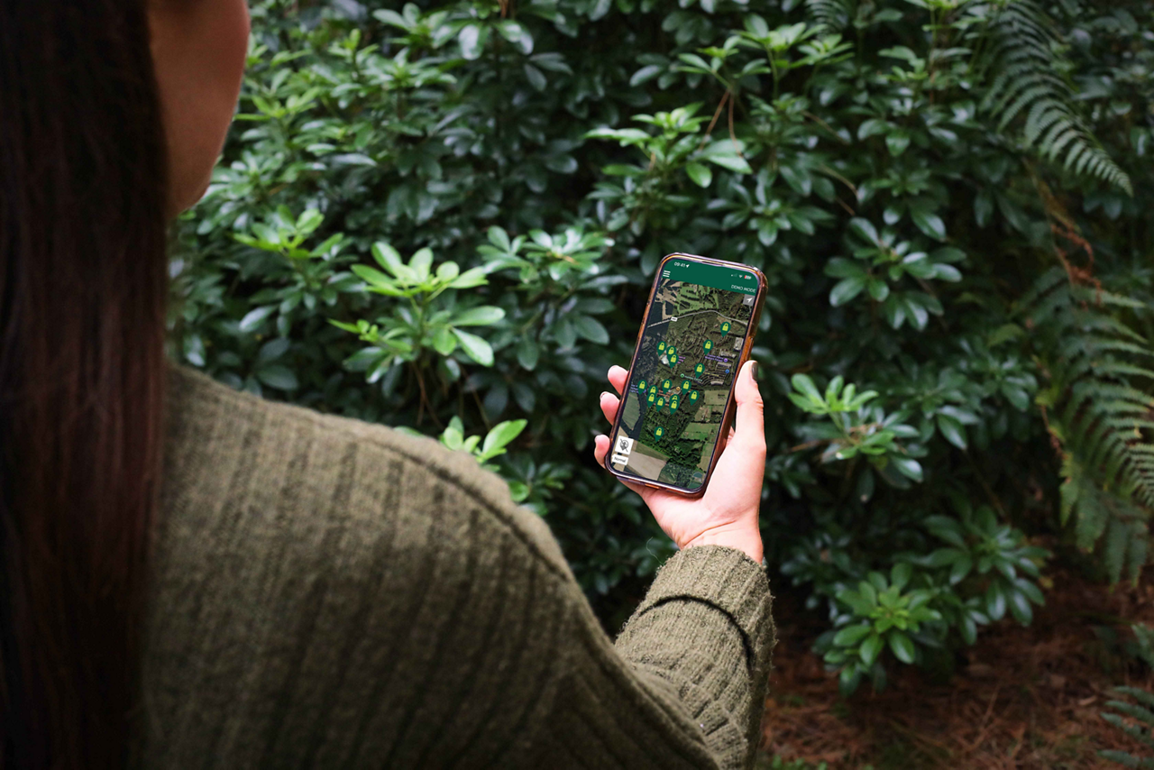 A lady with her back to the camera looking at her phone which shows a map of the forest