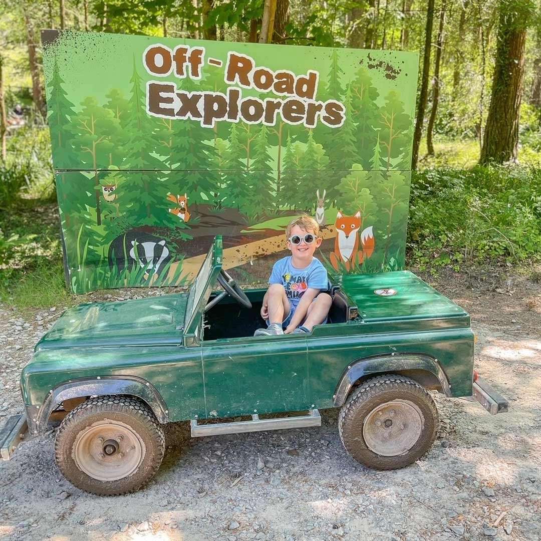 Young boy in a small car in front of an image of the forest. 