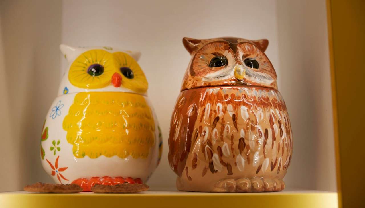 Ceramic Owl Pots lined up on a shelf.