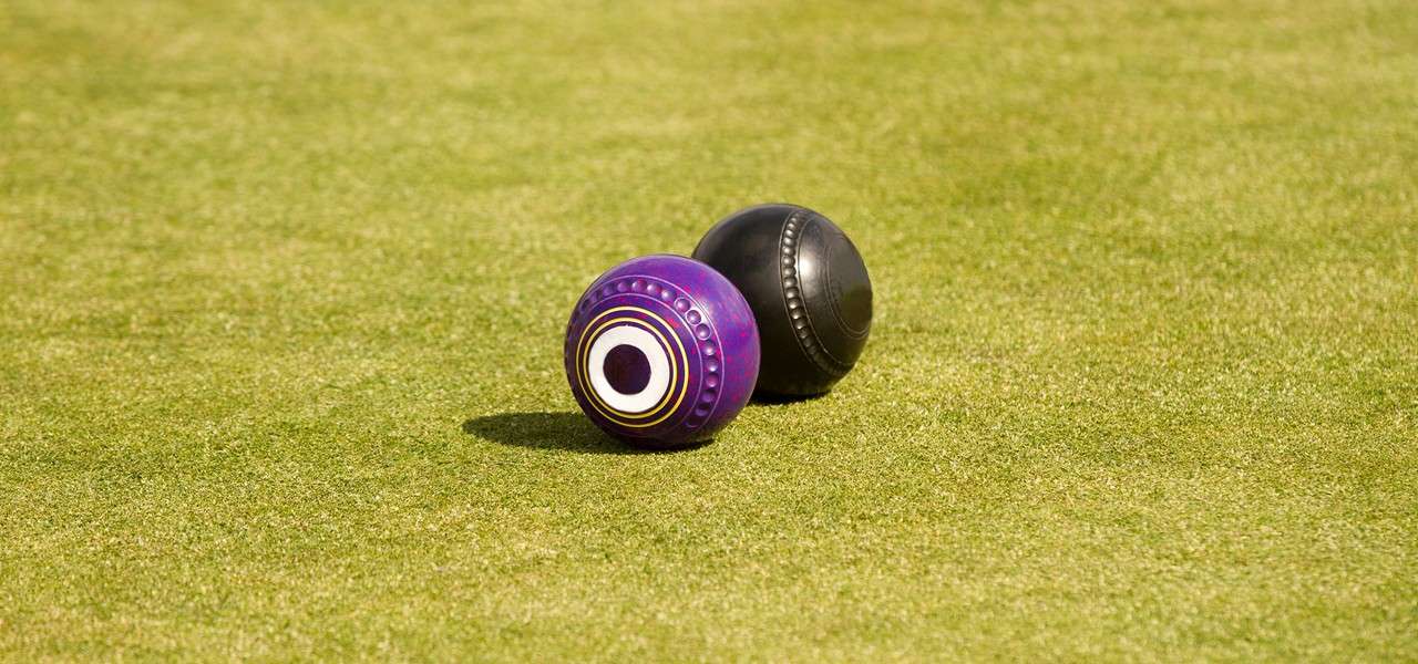 Two lawn bowls rest touching on a sunlit, closely mown green; one purple with concentric-ring decorations, the other black.