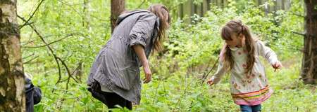 Two people—an adult and a child—bend and step carefully, searching the ground amid plants. In a lush forest, trees surround them, suggesting nature exploration or foraging on a bright day.