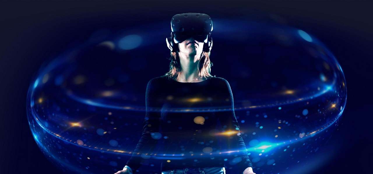 Person wearing a virtual reality headset stands upright, gazing upward, hands relaxed, surrounded by swirling blue light trails and particles against a dark, abstract background.