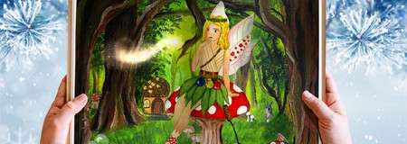 Framed fantasy illustration—fairy sits atop a red-spotted mushroom, holding a wand as a glowing streak passes. Hands hold the frame; forest scene shows trees, mushrooms, cottage; festive blue fireworks surround.