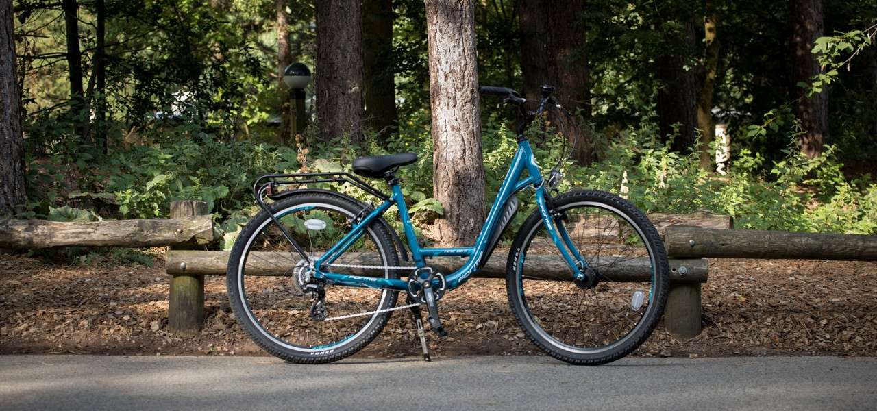 Bike rested up against a wooden fence in the forest.
