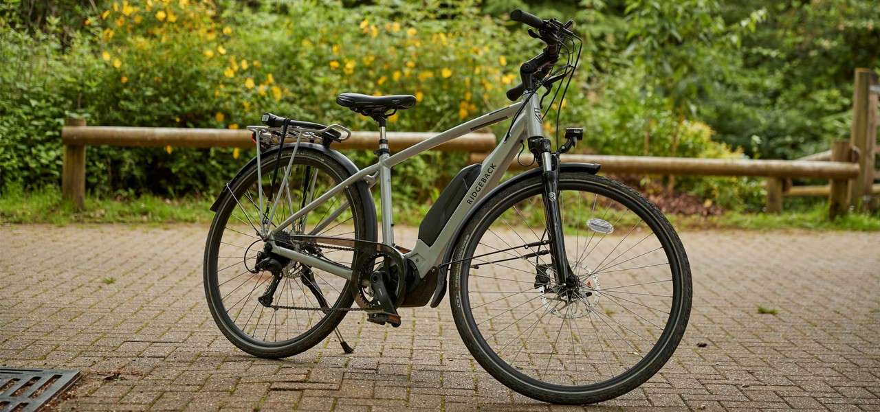 Electric commuter bicycle stands parked on a paved path in a green park with wooden railings and yellow flowers. Text on frame: RIDGEBACK.