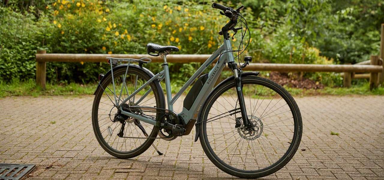 Electric bicycle stands parked on a paved path, side-on; sleek frame with fenders and rear rack; lush greenery and yellow flowers behind a wooden rail fence. Text: RIDGEBACK, R.