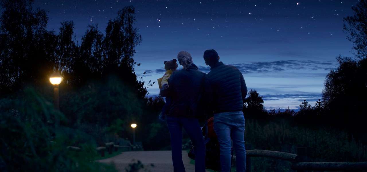 Family of three stands gazing upward, the child held in arms, on a park path bordered by trees and lampposts under a clear, star-filled night sky.