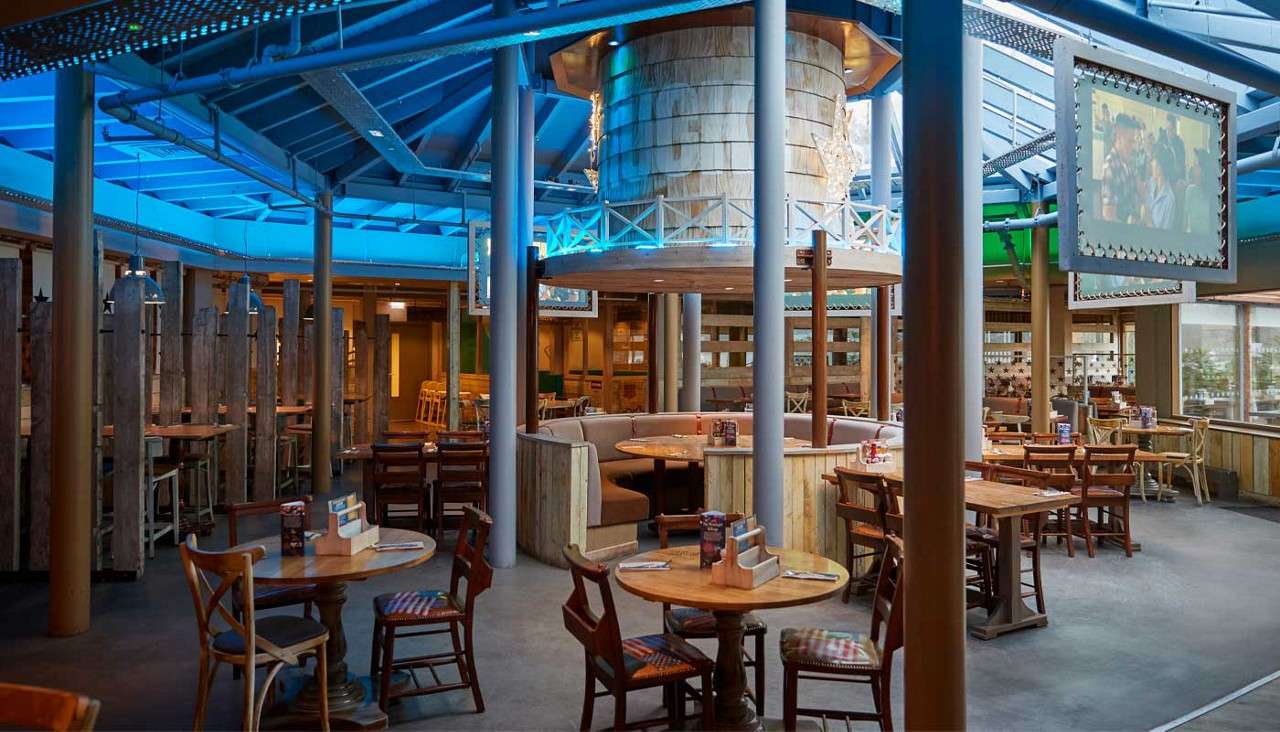Inside the Huck's restaurant