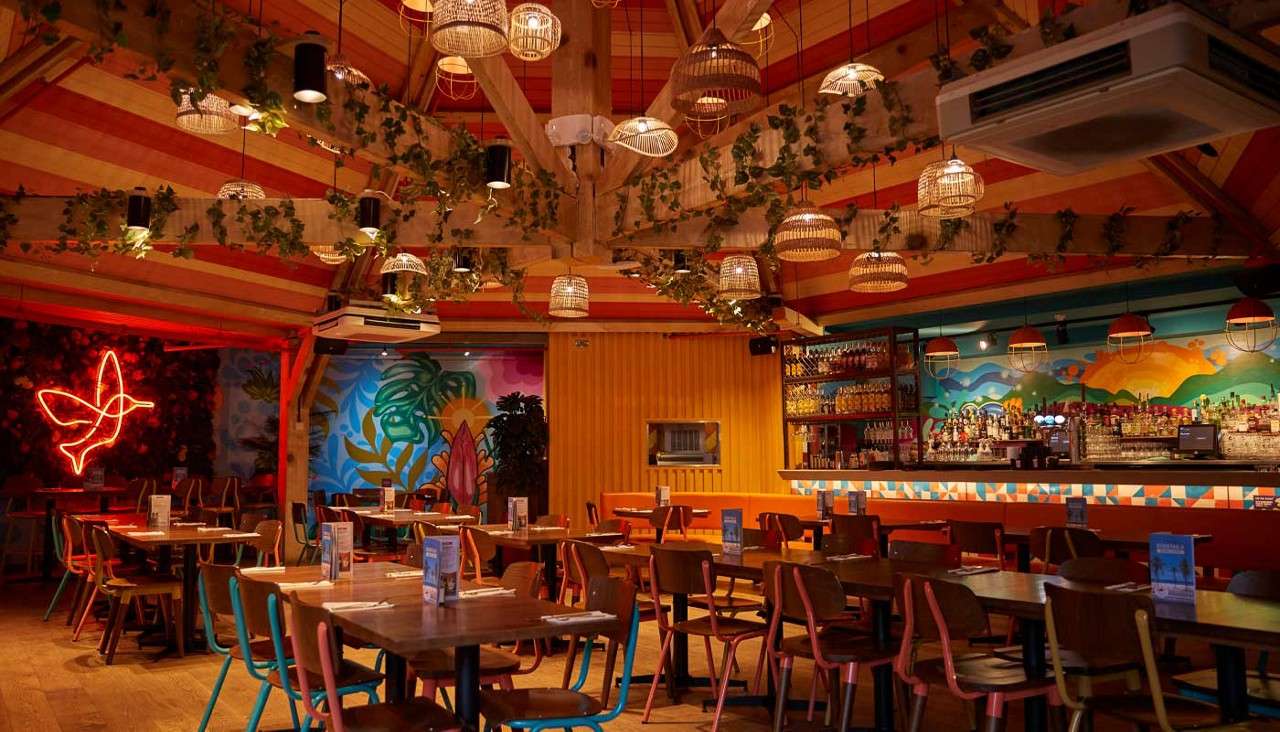 Restaurant interior—empty tables and chairs—sit under hanging wicker lights and greenery, while a long bar with bottles and a neon bird sign brighten a tropical mural-decorated space.