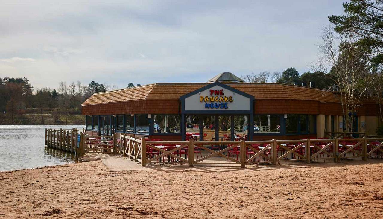 Lakeside restaurant stands with outdoor tables and fenced patio; sign reads “THE PANCAKE HOUSE.” Context: sandy beach foreground, wooden pier on water, surrounding trees under an overcast sky.