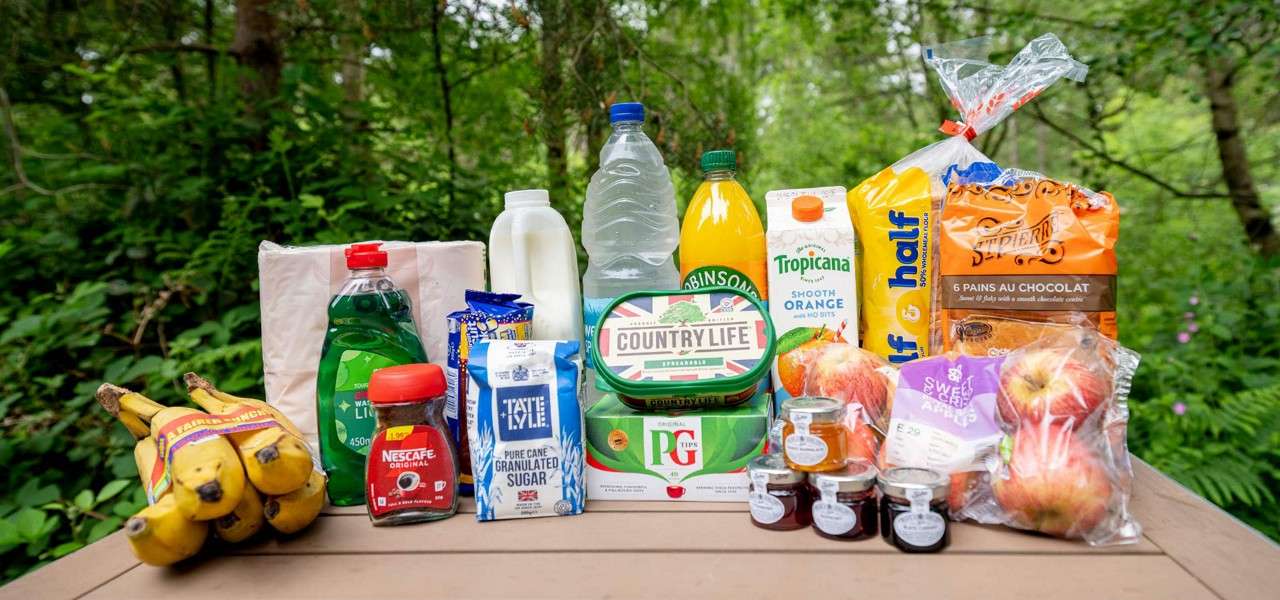 Groceries rest arranged on a wooden picnic table outdoors; text: NESCAFE Original; WASHING UP LIQUID LIME 450 ml; TATE + LYLE PURE CANE GRANULATED SUGAR; ROBINSONS; COUNTRY LIFE SPREADABLE; PG TIPS; Tropicana Smooth Orange No Bits; half & half; 6 PAINS AU CHOCOLAT; SWEET & CRISP.