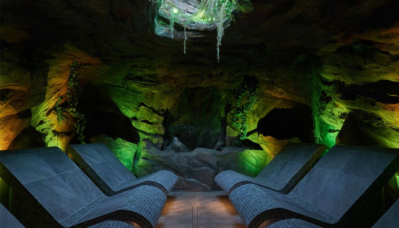Contoured seating inside a forest cavern.