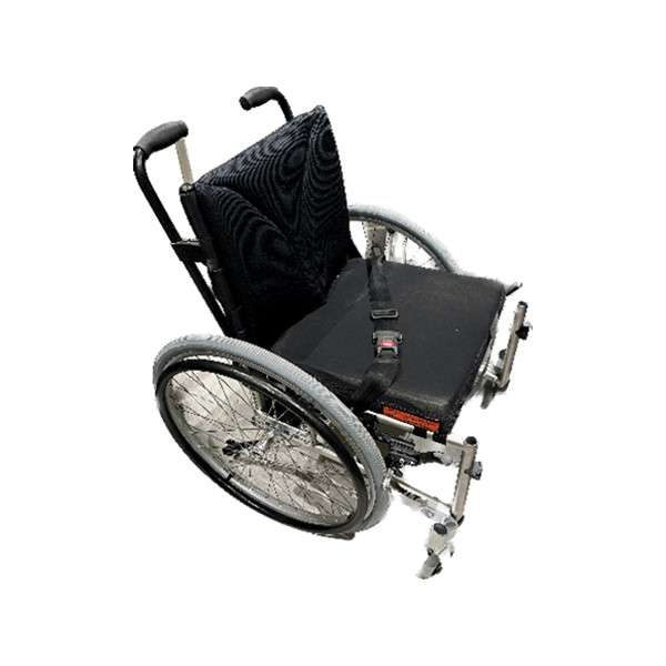 A manual wheelchair rests angled, displaying large spoked wheels with grey tires, padded seat and back, lap belt, adjustable footrests, and push handles, isolated on a white background.