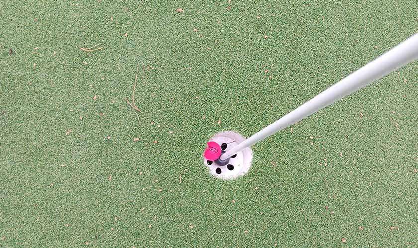 Golf hole receives the angled flagstick; a small red cap-like object sits at the center. Context: close-up of a manicured putting green surface with scattered tiny debris.