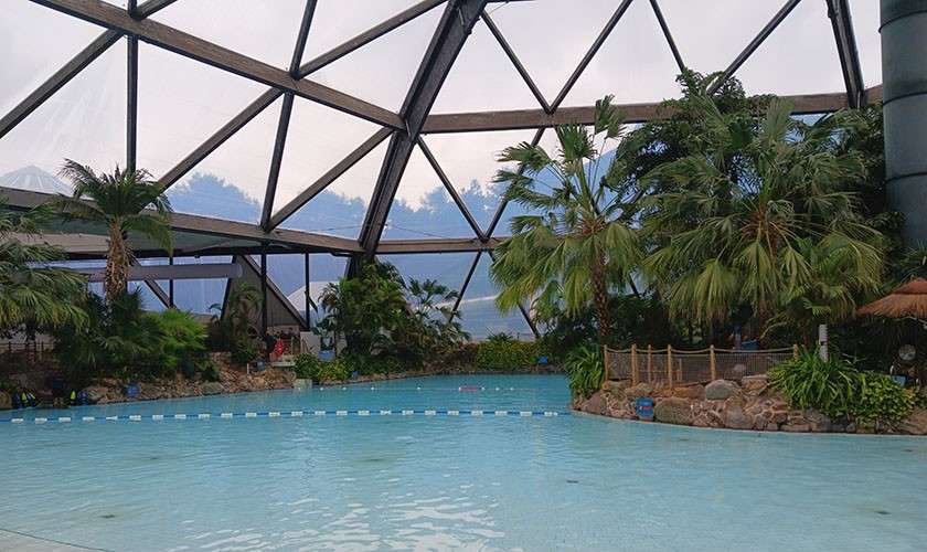 Wave pool rests calm beneath a geometric glass dome, bordered by rocks, palms, and a rope fence; misty mountains show beyond the panes, suggesting an indoor tropical resort setting.