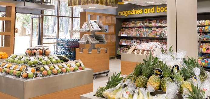 Inside the ParcMarket supermarket lined with fresh fruit.