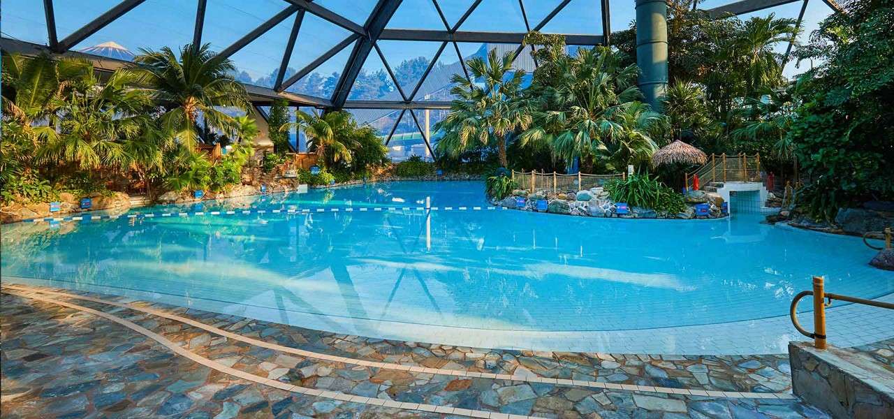 Large indoor swimming pool glistens, reflecting blue light, under a geodesic glass roof; surrounded by palm trees, rocks, and a shallow beach-style entry with tropical landscaping and distant mountains visible through windows.