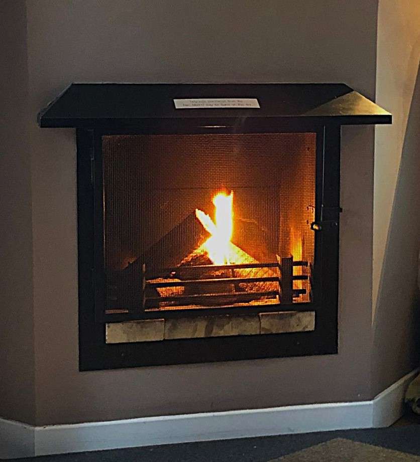 A lit log fire