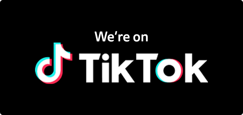 TikTok logo appears; text reads: “We’re on TikTok”; centered on a black background.