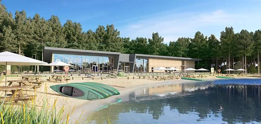 CGI of Longford Forest Pancake House building behind beach and boating lake