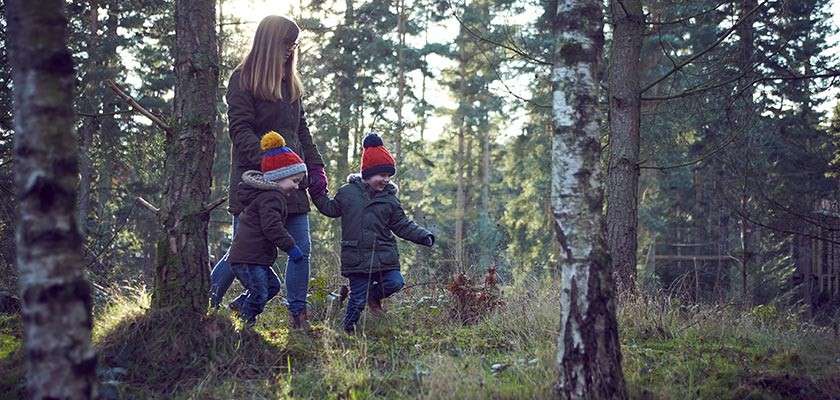 Mother and two boys walking through forest in winter