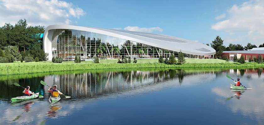 CGI image of Longford Forest Subtropical Swimming Paradise in front of lake