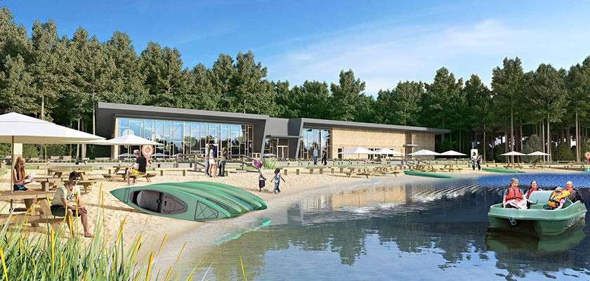 CGI of Longford Forest Pancake House building behind beach and boating lake