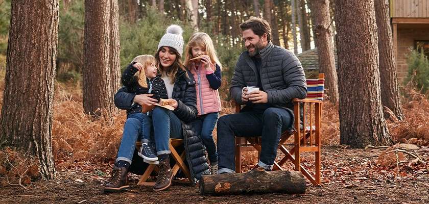 Family in the forest wearing Joules clothing