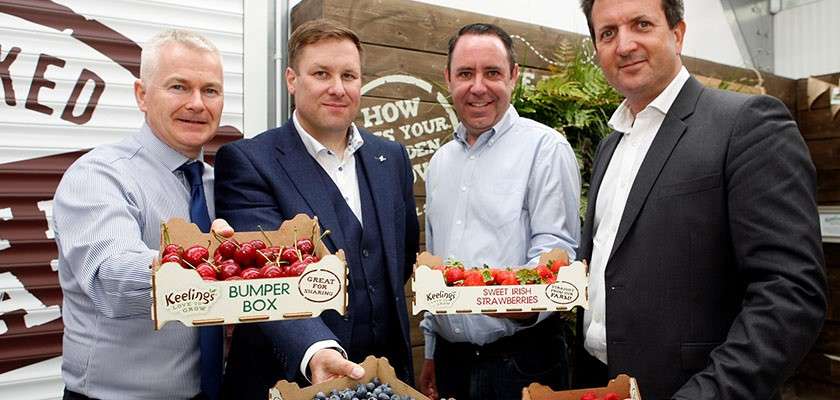 Irish food suppliers holding boxes of fresh fruits
