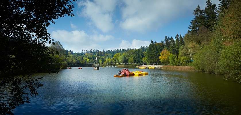 Paddle boats drift on a calm lake, moored near a small dock; background shows a long footbridge and dense, sunlit forested hills under partly cloudy blue sky.