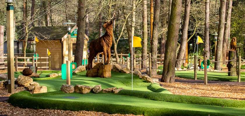 Stag statue stands on rocks, overlooking artificial-turf mini-golf holes. Yellow flags mark winding greens and obstacles amid tall trees, fences, and cabins. A green post shows the number "9".