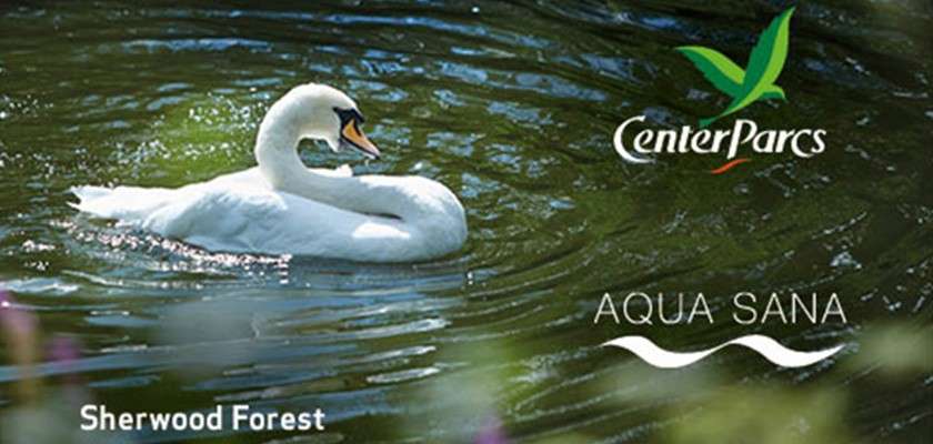 Swan glides across a rippling green pond; sunlight highlights its feathers. Surrounding graphic text and logos read: CenterParcs, AQUA SANA, Sherwood Forest.