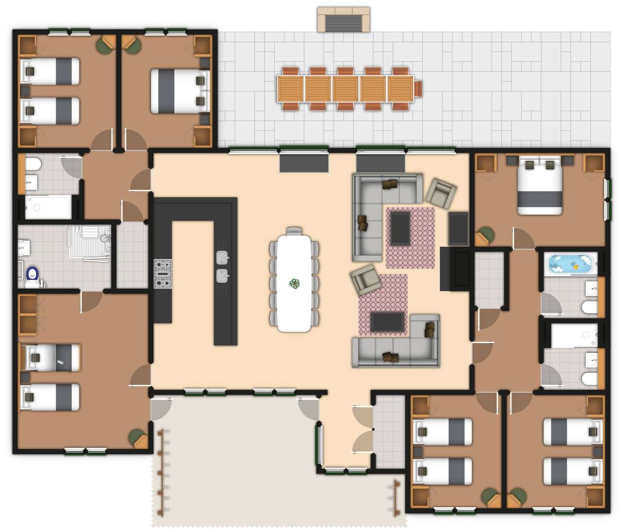 Floor plan shows central open-plan kitchen, dining, and living area; bedrooms line both sides; bathrooms nearby; master suite right; utility and bath left; rear patio with outdoor dining; front porch.