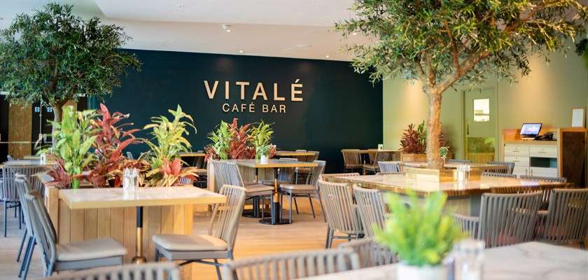 Dining tables sit neatly arranged, each holding small plants; context: modern indoor café with large trees and gray chairs; wall text reads: VITALÉ CAFÉ BAR.