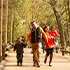 A family holding hands walking through the trees