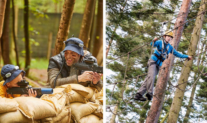 Split image showing multiple Center Parcs activities, inlcuding Laser Combat and Aerial Tree Trekking.
