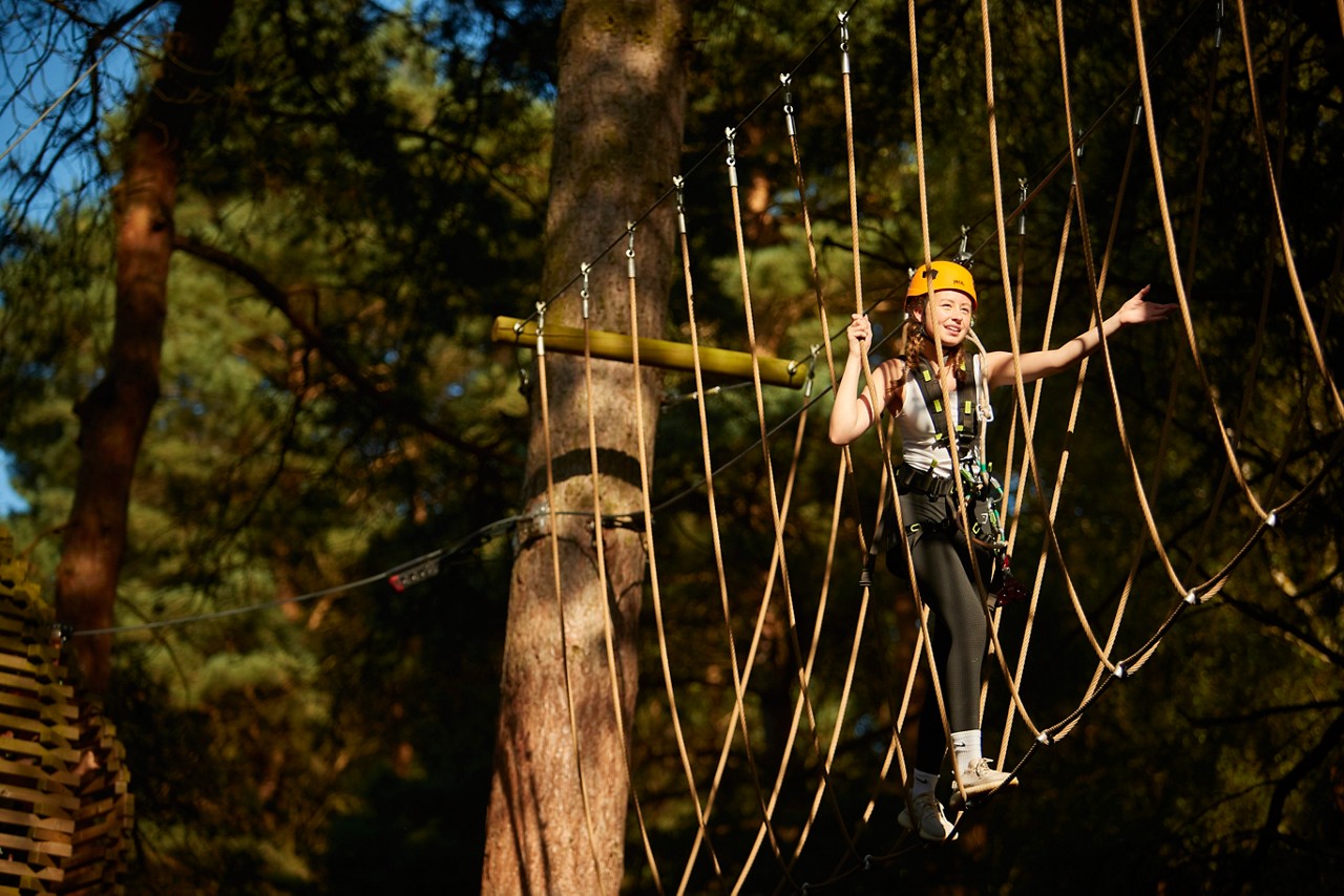 Family tackling the Aerial Tree Trekking course. 